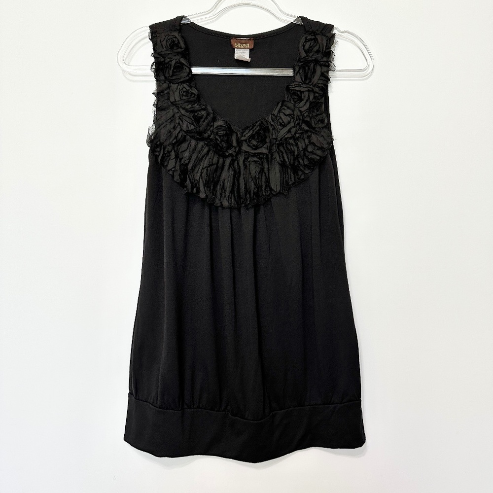 Lavish Maternity Women’s Tank Top Size Large Black Floral Ruffle Tunic Style